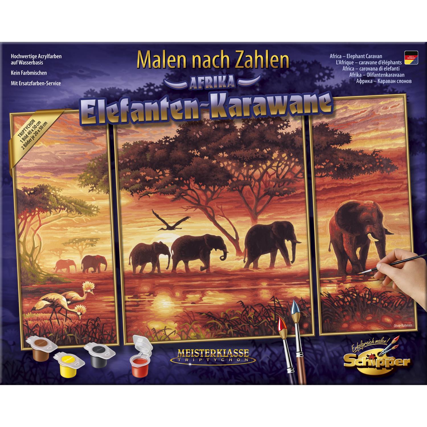 Kit Pictura Cu Numere Triptic Africa Elephant Caravan 50x80 Cm