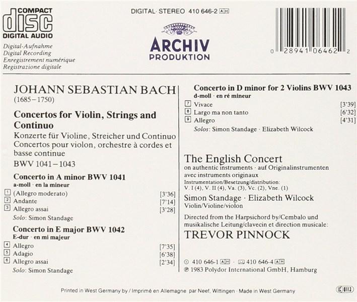 Bach Violin Concertos Johann Sebastian Bach Trevor Pinnock Simon Standage