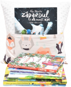 Set pernuta cu buzunar pentru carti si paturica "Prieteni din padure" - Alb