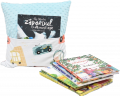 Set pernuta cu buzunar pentru carti si paturica "Super masinute" - Bleu
