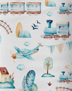 Set pernuta cu buzunar pentru carti si paturica "Trenulete jucause" - Galben