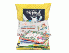 Set pernuta cu buzunar pentru carti si paturica "Trenulete jucause" - Galben