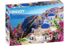 Puzzle 1000 piese - Santorini View with Flowers - Greece