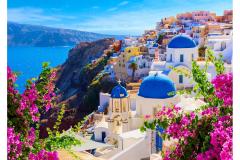 Puzzle 1000 piese - Santorini View with Flowers - Greece