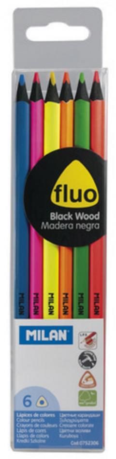 Set creioane colorate - Fluo - Lemn negru, 6 bucati