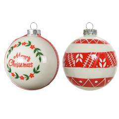 Set 3 globuri - Glass Holly Text - Merry Christmas - Red-White - mai multe modele