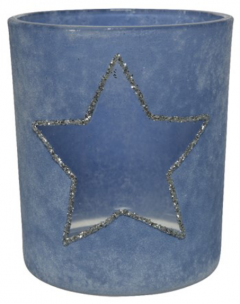 Suport lumanare - Glass Snowy Hollowed - Star with Gold Rim - Blue