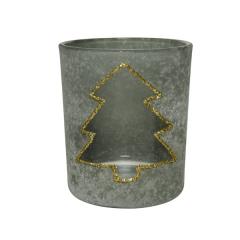 Suport lumanare - Glass Snowy Hollowed - Tree with Gold Rim - Grey