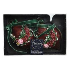 Set 2 globuri - Olive Glass Poly Glitter - Christmas Red