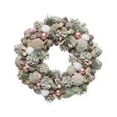 Decoratiune - Wreath Pinecone White Wash - Glitter Pearls, Pink Baubles, Cottonballs