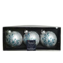 Set 3 globuri - Glass Matt - Snow Finish - Glitter Leaves Mix