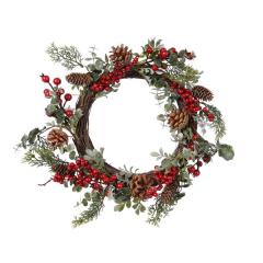 Decoratiune - Wreath Plastic Berries, Pinecones - Green-Red