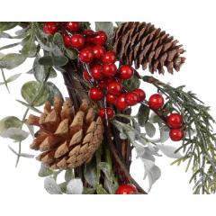 Decoratiune - Wreath Plastic Berries, Pinecones - Green-Red