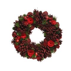 Decoratiune - Wreath Pnecone Berries, Baubles, Wooden Flowers, Glitter - Red