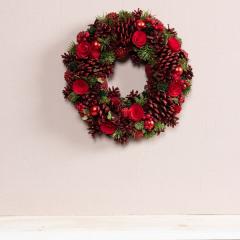 Decoratiune - Wreath Pnecone Berries, Baubles, Wooden Flowers, Glitter - Red