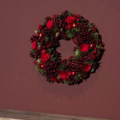 Decoratiune - Wreath Pnecone Berries, Baubles, Wooden Flowers, Glitter - Red