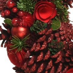 Decoratiune - Wreath Pnecone Berries, Baubles, Wooden Flowers, Glitter - Red