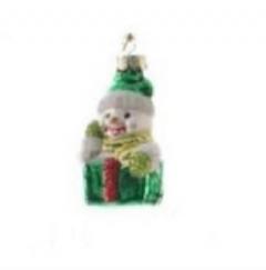 Decoratiune pentru brad - Figure Glass - Snowman Green Gift - Om De Zapada Cu Cadou Verde