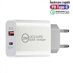 Incarcator Retea Lemontti PD Type-C + USB Quick Charge 20W 3.4A max Alb