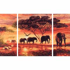 Kit pictura cu numere - Triptic - Africa - Elephant Caravan, 50x80 cm