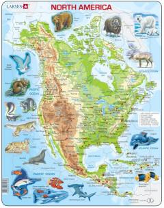 Puzzle 66 piese - Maxi - Harta Fizica si Animalele din America de Nord