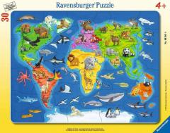 Puzzle 30 piese - Harta Lumii cu Animale