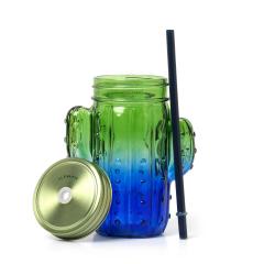 Pahar cu pai - Drinking Jar with Lid and Straw - Cheers - Cactus