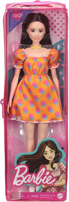 Papusa - Barbie Fashionista satena cu rochita portocalie cu buline