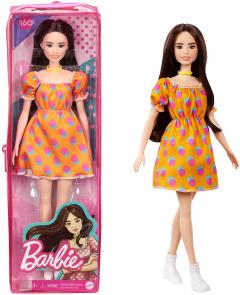 Papusa - Barbie Fashionista satena cu rochita portocalie cu buline