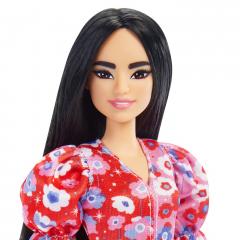Papusa Barbie - Fashionista bruneta cu rochie rosie cu flori