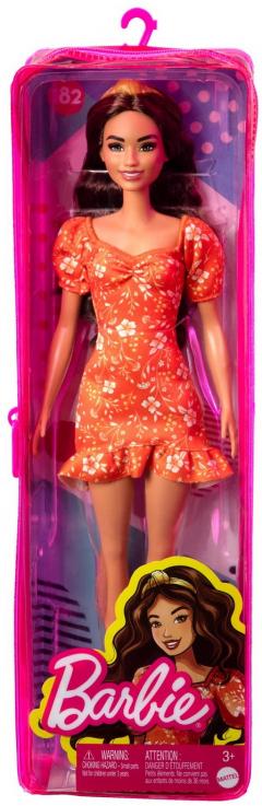 Papusa Barbie - Fashionista bruneta cu rochie rosie cu flori