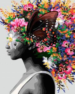 Set pictura pe numere - Abstract portret flori si fluturi, 40x50 cm