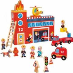 Cutie cu jucarii de lemn - Story Box  Firefighters, 15 piese