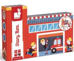 Cutie cu jucarii de lemn - Story Box  Firefighters, 15 piese