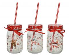 Borcan cu capac si pai - Drinking Jar Glass- mai multe modele