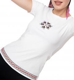 Tricou alb - Broderie fucsia neon si negru - Marimea S - Model 1