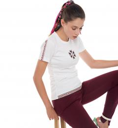 Tricou alb - Broderie fucsia neon si negru - Marimea L - Model 2