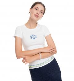 Tricou alb - Broderie frontala galben neon si albastru electric - Marimea XS - Model 1