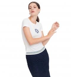 Tricou alb - Broderie frontala galben neon si albastru electric - Marimea XS - Model 1