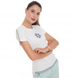 Tricou alb - Broderie galben neon si albastru electric - Marimea XS - Model 2