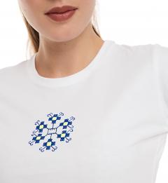 Tricou alb - Broderie galben neon si albastru electric - Marimea XS - Model 2