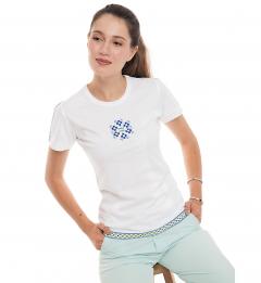 Tricou alb - Broderie galben neon si albastru electric - Marimea XS - Model 2