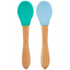 Set lingurite cu varf silicon si maner bambus - Aqua Green/ Mineral Blue