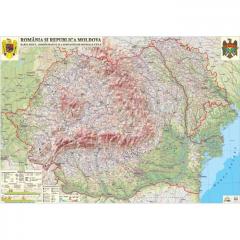 Romania si Republica Moldova. Harta fizica, administrativa si a substantelor minerale utile