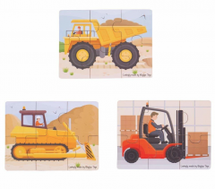 Puzzle - Set 3 puzzle din lemn, 18 piese - Vehicule pentru santier