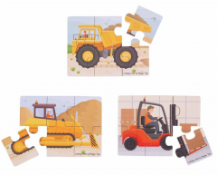 Puzzle - Set 3 puzzle din lemn, 18 piese - Vehicule pentru santier