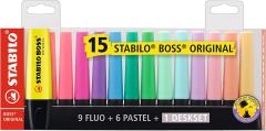 Set 15 markere evidentiatoare - Boss Original, 9 Fluo + 6 Pastel + 1 Deskset
