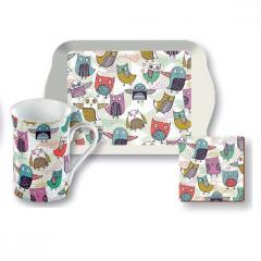 Cana cu tava si suport pahar in cutie cadou - Retro Owl Time For Tea Creative Tops