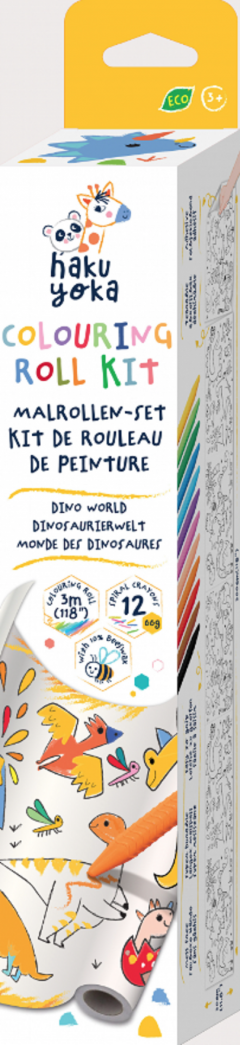 Kit rola de desenat 3 m si 12 creioane colorate cerate - Dinozauri