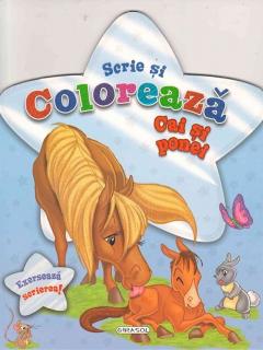 Scrie si coloreaza cai si ponei - bleu